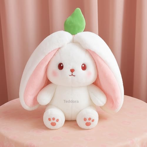 Image of Rabbit with Chain Reversible Strawberry Bunny Pink Soft Toy for Girls Boys Kids, Zipper Animal Stuffed Baby Teddy Gift Birthday, 20 cm