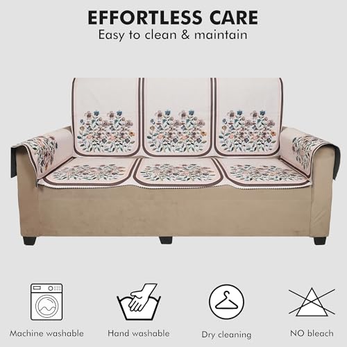 Image of Velvet 3 Seater Sofa Cover with 6 Seat and Back Covers - Floral Design - Washable Fabric - Stylish Sofa Cover for Modern Living Room (Beige, 3 Seater Without Arm Cover)