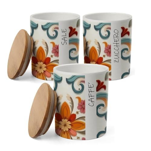 Set 3 Barattoli in Ceramica Romantic - con Tappo Ermetico in Legno, Motivo Floreale, Caffè, Zucchero, Sale, Contenitori, Organizzatori da Cucina, Elegante - 10 x 13 cm
