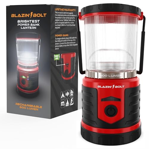 Blazin Bolt Rugged USB Rechargeable Lantern | 12000mAh Power Bank | 600 Lumen | 500 Hours of Light | 6 Modes | Camping, Emergency, Power Outage, Storm, Blizzard, Hurricane Survival