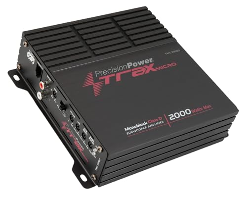 Precision Power Trax Micro Monoblock Class D Car Stereo Amplifier TM1.2000D – 2000W Single Channel Digital Subwoofer Amp with Wired Bass Control & High-Level Inputs for Powerful Audio