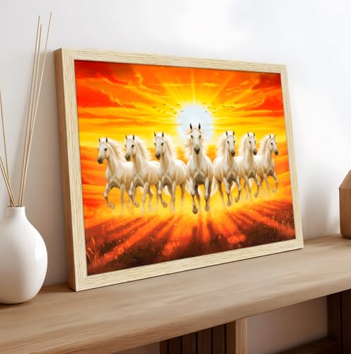 Image of ArtX Canvas 7 Horses Painting Vastu Frame Wall Art Painting, White Running Horses With Rising Sun, Wall Decor, Multicolor, Nature, 61.0 X 48.0 cm, Framed, Set of 1