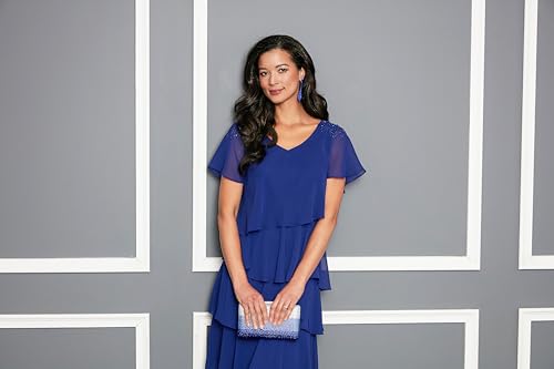 Image of S.L. Fashions Women's V-Neck Chiffon Cocktail Dress with Beaded Shoulders and Asymmetrical Tiers (Petite and Regular Sizes)