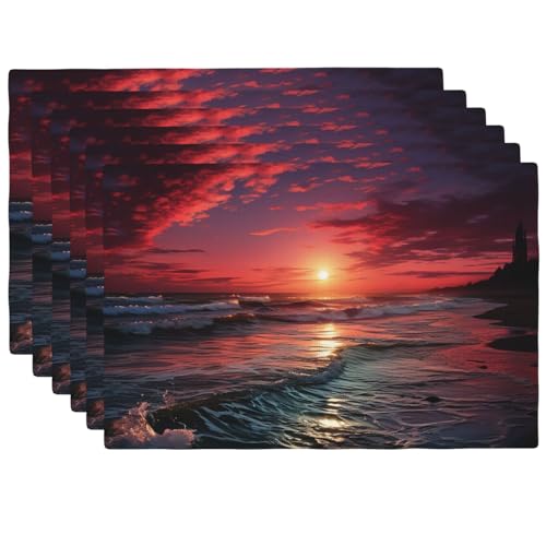 Napperons en lin synthétique lot de 6 tapis de table 45x30 cm lavables motif océan crépuscule - 2