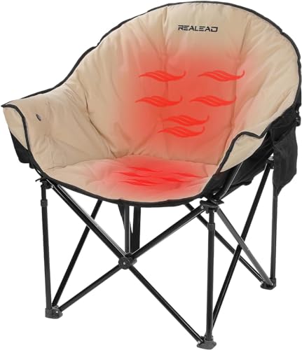 REALEAD Heated Camping Chair Oversized | Heated Folding Chairs for Outdoor Sports with Fully Thick Padded | Heating Camp Chair for Adults Heavy Duty | Support 350lbs | Battery NOT Included