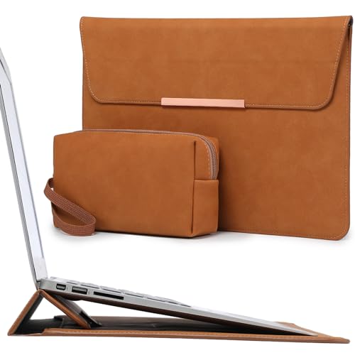 HYZUO 13.3-14 Inch Laptop Sleeve Bag with Stand Feature Compatible with MacBook Pro 14 M3/M2/M1 Pro/Max A2992 A2918 A2779 A2442 2024-2021, MacBook Air 13 2017-2012, Case with Pouch, Brown(with Trim)