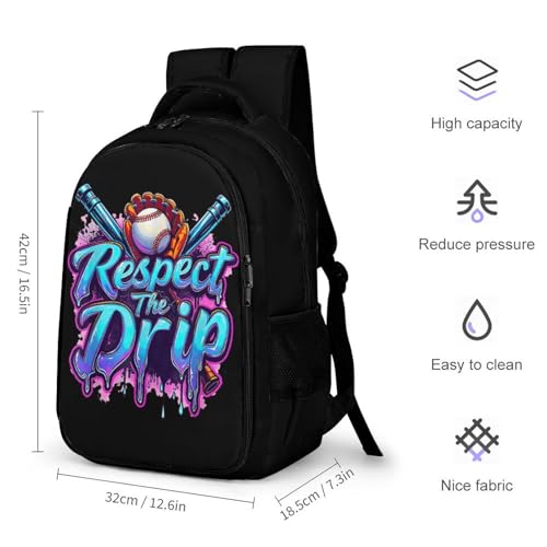 Baseball Respect The Drip Game Day Backpack Large Capacity Backpacks Leisure Travel Daypack 12.6X7.3X16.5 Inch2