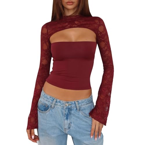 Women Lace Long Sleeve Sheer Cutout Top M