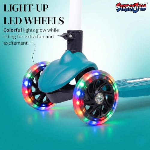 Image of STREETJAM Zoltra LED Wheel Kids Kick Scooter 3-12 Years, LED Light Wheels, BIS Approved, Lean-to-Steer, Extra Wide Deck, Vibrant Two-Tone Design, Up to 50 kg Load (Turkish Green with Ivory White)