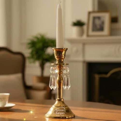 Image of Aluminum Gold Plated Vinatge Candle Stand Holder Crystal Hanging for Home Decor, Dining Table Centerpiece Decoration, 6.75inch