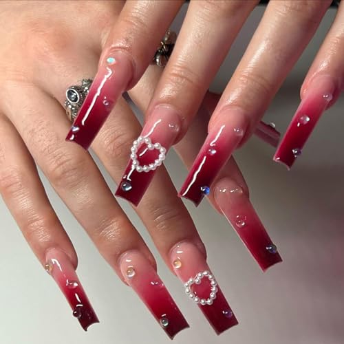 Caiguoer 24 uñas postizas largas, cuadradas, uñas postizas rojas a presión para mujeres y niñas