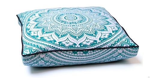 INDIAN CRAFT CASTLE ICC 24" Green Ombre Mandala Barmeri Large Floor Pillow Cover Cushion Meditation Seating Ottoman Throw Cover Hippie Decorative Zipped Bohemian Pouf Ottoman Pom Pom Cases 24" Square