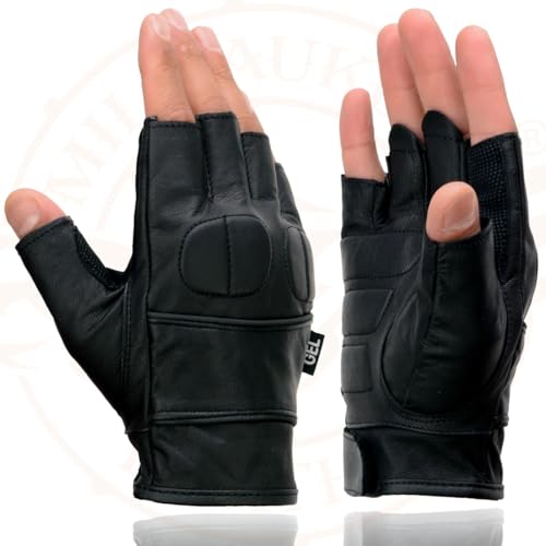 Image of Milwaukee Leather SH198 Men's Black Flame Embroidered Fingerless Gloves with Gel Palm | Padded Comfort; Vibration Relief; Flame Embroidery