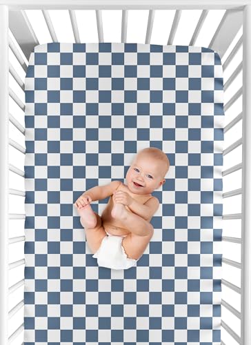 Image of Sweet Jojo Designs Fitted Baby Crib Sheets (Blue and White Gingham Checkered) for Boys, Infant Nursery, Toddler Room - Standard Size (Neutral, Plaid, Vintage, Modern, Check, Geometric, Retro, Slate)