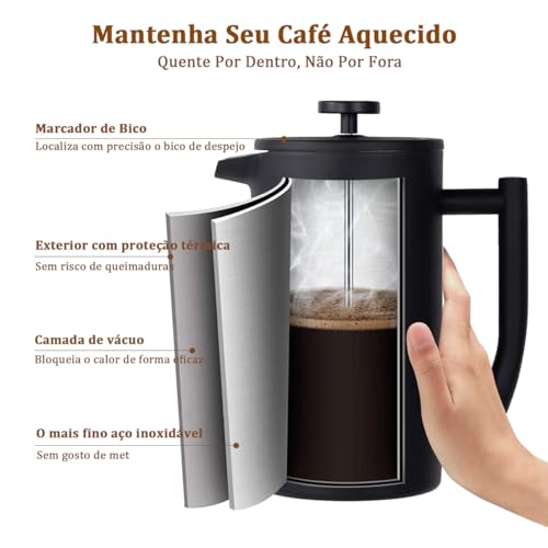 Cafeteira Prensa Francesa De Aço Inoxidável Isolamento Duplo 700ml