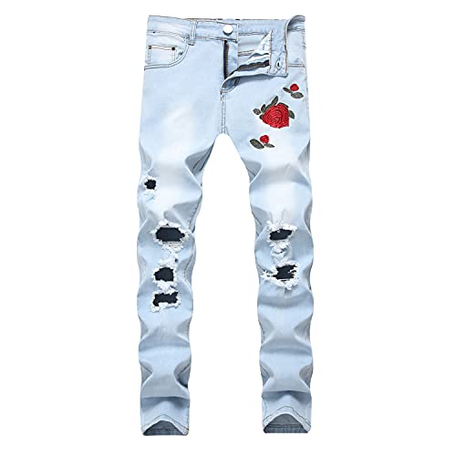 Men's Floral Embroidered Skinny Destroyed Pants Vintage Style with Broken Holes Denim Jeans Stretch Fit Jean Trousers (Light Blue,32)