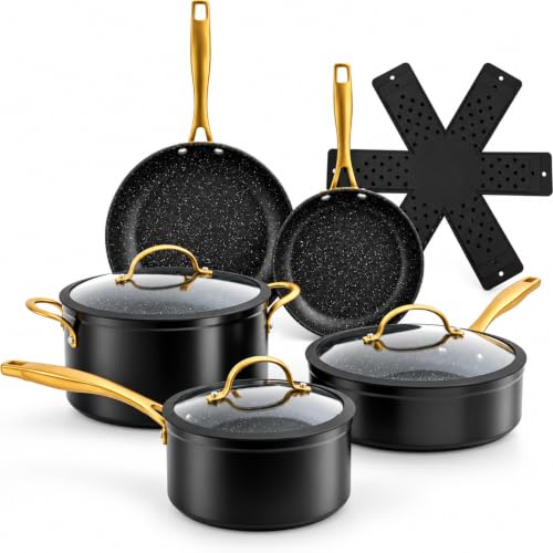 Induction Base Nonstick Pots & Pans Set 9pc Non Stick Kitchen Cookware Black and Gold Saucepan Pot and Frying Pan