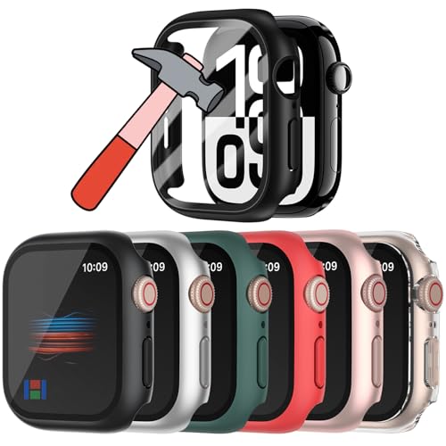 HANKN 6 Pack for Apple Watch Series 6 5 4 SE 40mm Tempered Glass Screen Protector Hard Case, Full Protective Cover Ultra-thin Shatterproof Iwatch Bumper (Black+Silver+Green+Red+Rose Gold+Clear, 40mm) by HANKN - Used condition - US$5.01