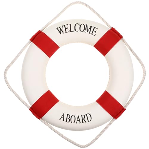 Veemoon Life Preserver Ring Welcome Decor, Nautical Life Ring Wall Art Hanging Coastal Buoy Ornament Swimming Pool Beach Party Decoration Mediterranean for Home Office Bathroom,Red (13” L, 2”H) by Veemoon - Used condition - US$18.89