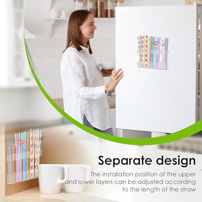 Acrylic Straw Holder, No Drilling Cabinet Reusable Straw Storage Organizer with Double Sided Tape for Cabinet Door