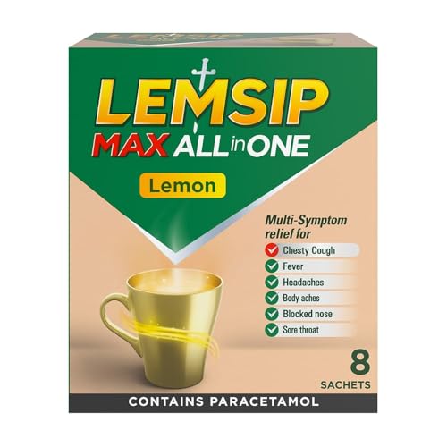 Lemsip Cold and Flu Sachets Lemon 8 Sachets Headache Relief Nasal Chesty Cough Sore Throat Relief Paracetamol Maximum Strength Multi-Symptom Relief Medication