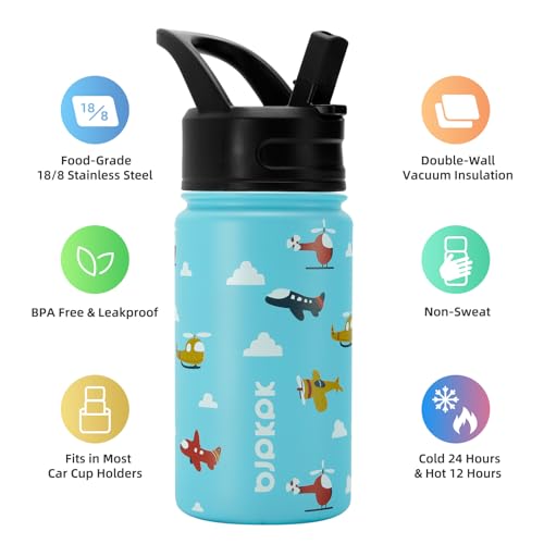 Image of BJPKPK 15oz Insulated Water Bottle with Straw Lid, 15oz Stainless Steel Water Bottles, Reusable Leak Proof BPA-Free Thermos with 2 Straws, 1 Straw Brush(Aircraft)