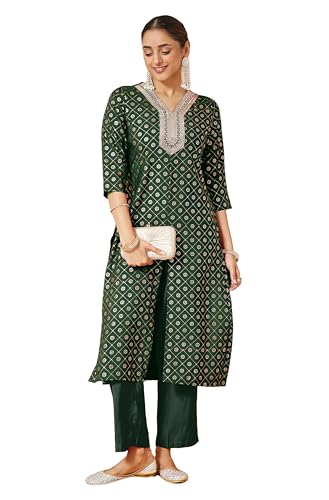 Janasya Women's Dark Green Silk Blend Yoke Embroidered Straight Front-slit Kurta Pant Set (JAB25KB02538-2XL)