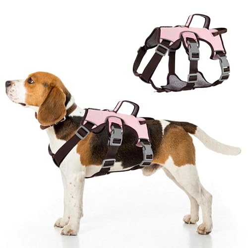 Escape Proof Dog Harness, No Pull Reflective Adjustable Vest with Easy Control Lift Handle, No Choke Soft Padded Breathable Full Body Pet Harness for Walking Hiking and Training (Pink, Large)