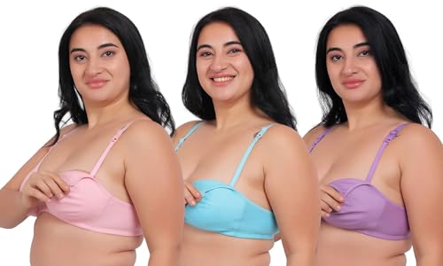 Fabme Women's Cotton Wire Free Casual Balconette Bra (Pack of 3) (Po3-BR_219_Seagreen, Lavender, Pink Deal