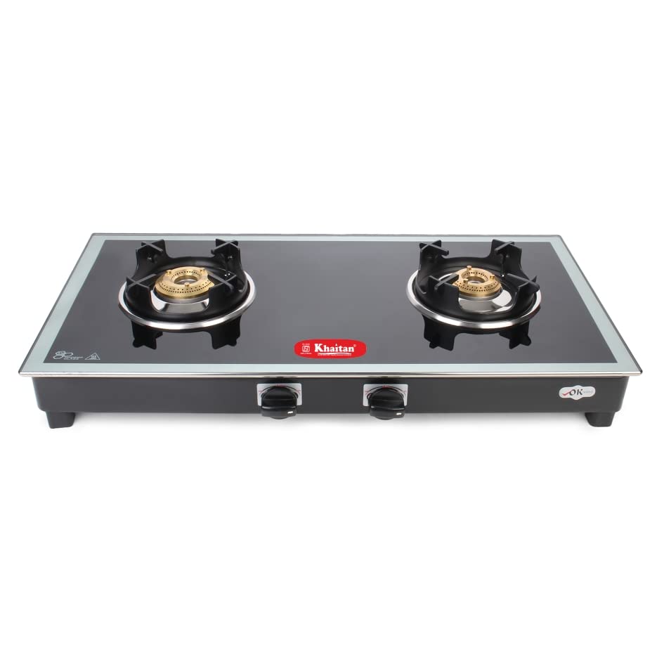 Khaitan 2 Burner Royal MS Black Toughened Glass LPG Gas Cooktop, Manual Ignition Gas Stove with 1 Year Warranty (ISI Approved)