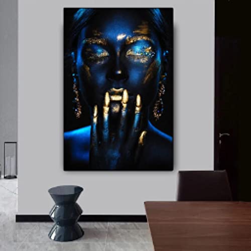 Fille affiches et impression de luxe portrait femme bleu or sans cadre