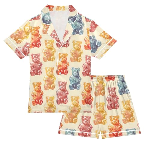 Gummy Bears Summer Satin Pajama Set, Cute Button-Down Sleepwear Pj Set for Sleep Wears