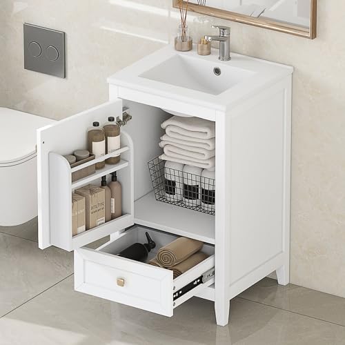 Bellemave 20-inch Solid Wood Bathroom Vanity with Sink Free Standing Cabinet Soft Closing Door Storage Rack Drawer (White)