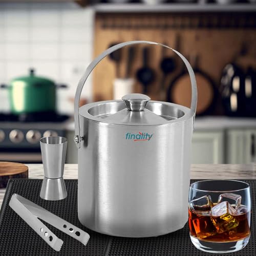 Image of FINALITY Double Walled Stainless Steel Insulated Ice Bucket with Lid and Ice Tong and peg Measure [1.5 Liter] | Keeps Ice Cold for 6 h | Great bar Tools for Home bar Accessories, (V PEG Measure)