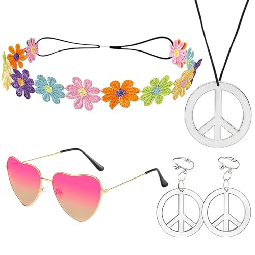 Conjunto de 4 acessórios hippie para mulher, inclui bandana boho, óculos vintage, colar e brincos, estilo Flower Power dos anos 70