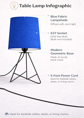 Image of Modern Black Tripod Table Lamp with Taper Fabric Shade | Metal Base Bedside Lamp for Bedroom, Living Room, Study, Office & Nightstand | Decorative Table Light (Blue)