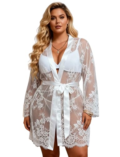 comeondear Damen Kimono Sexy Spitze Große Größen Babydoll Negligee Dessous Set Reizwäsche für Frauen Mollig Nachtwäsche Kurz Robe Bademantel Lingerie mit String(Weiß XL-XXL)