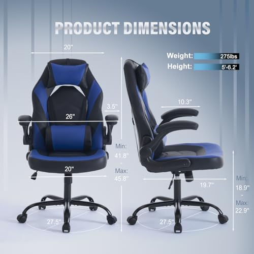 Image of Sweetcrispy Ergonomic Gaming Desk Chair - Computer Video with Comfy Lumbar Support and headrest, PU Leather with Flip-up Arms, Adjustable Height and Swivel Wheels, Home and Office, Blue