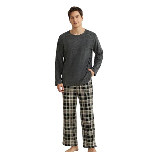 U2SKIIN Mens Fleece Pajamas Set, Soft Warm Long Sleeve Prints Pants Pajama set for Men Comfy Sleepwear Pjs(DARK GREY MEL/BLACK-GREY PLAID,XL)