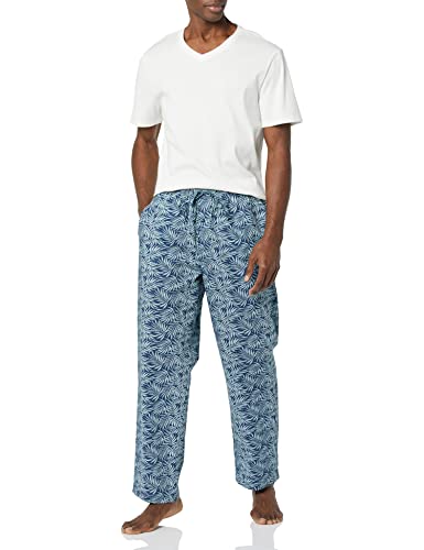 Amazon Essentials Men's Cotton Poplin Pant with Cotton Jersey T-Shirt Pajama Set, Blue Palm Leaf/White, Small