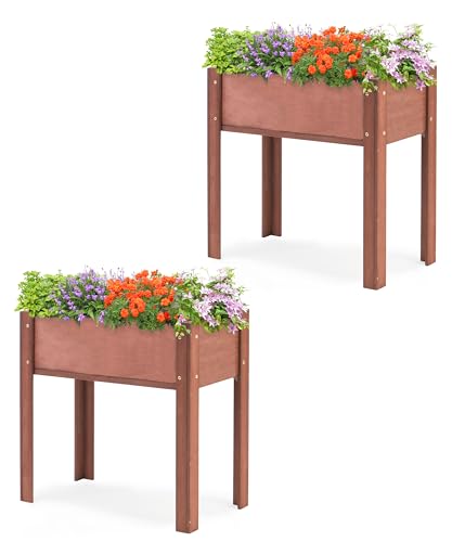 Image of SoliWood Set of 2 Raised Garden Bed with Legs, 31x16x31'', Outdoor Wood Elevated Planter Box, Thick Legs, w /Liner