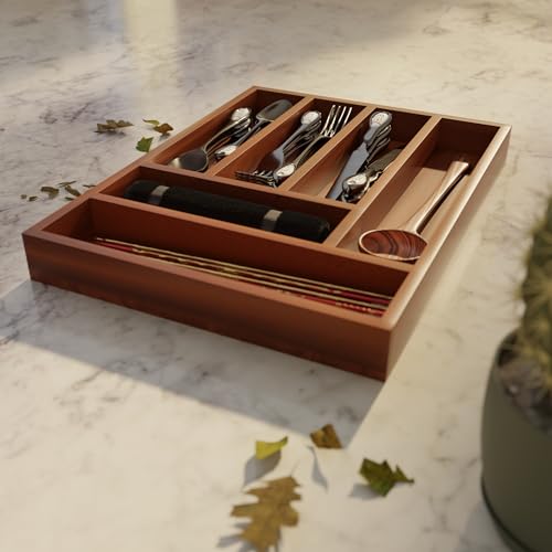 Image of Premium 6-Partition Cutlery Tray | 30x40 cm Brown Drawer Organizer | Multipurpose Flatware Holder for Spoons, Forks, Knives & Kitchen Utensils