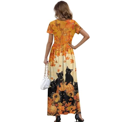 Women's Dress Crewneck Short Sleeve A-Line Dress Causal Long Sundress Summer Beach Clothes with Pockets2