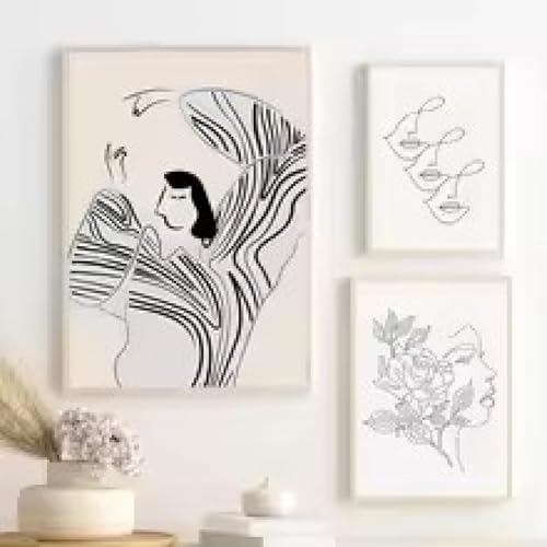 Tableau canvas femme line art de qualité supérieure avec cadre triptyque design minimaliste chic