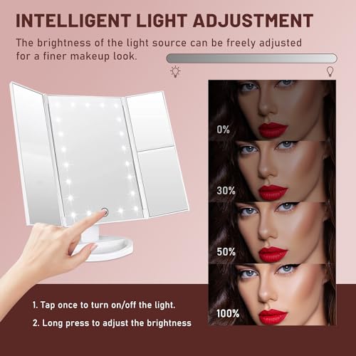 Image of SINZUX Vanity Cosmetic Mirror, 21 LED Lights, Touch Screen, Tri-Fold 2X 3X 10X Magnifying Mirror, 180Free Rotation, Dual Power Supply, White, 24L x 18W cm