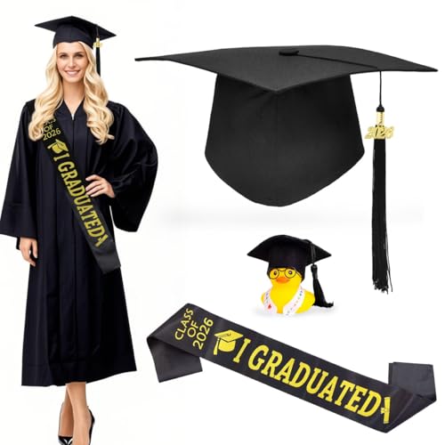 Sombrero de Graduación, Birrete Graduacion Adulto con Banda Graduación Unisex, Patitos de Goma con Gorro de Graduado, Gorro Graduacion Adulto Negra Ajustable, Regalo para Ceremonia de Graduación