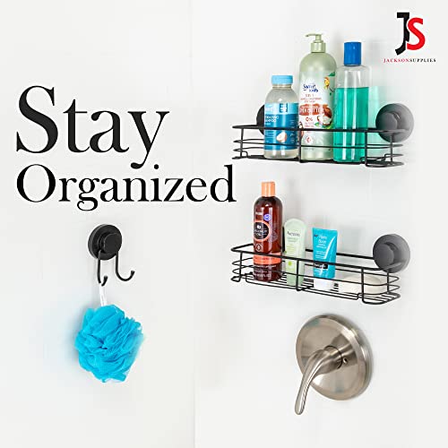 Js Jackson Supplies Set Of Matte Black Suction Cup Rectangular Shower Shelves, (2) Caddies And (2) Suction Cup Shower Hooks #TOP4