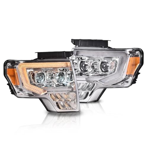 Image of GRAND ORANGE LED Tube Headlights Assembly, Compatible with 2009-2014 Ford F150 LED Tube Dual Projector Headlights Assembly with Switchback(Clear lens Chrome Housing Amber Reflector)