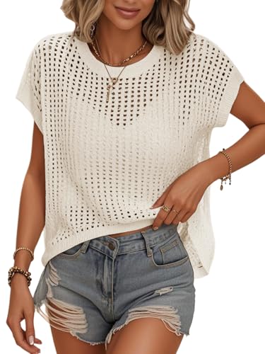Image of Womens Summer Crochet Tops Hollow Out Cap Sleeve Cover Up Tank Top Pullover Sweater Vest Beach Vacation Clothes