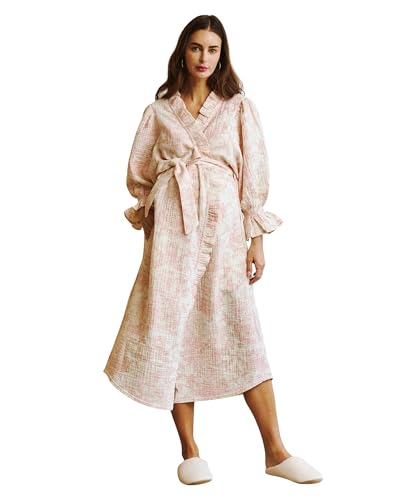 100% Cotton Muslin Gauze Maternity Robe Puffed Sleeve Nursing Nightgown & Delivery Gown with Adjustable Belt Breathable Hospital Bag Essential for Labor & Postpartum Baby Pink One Size